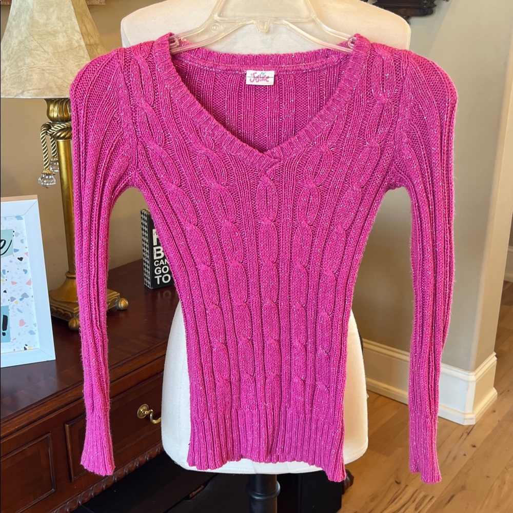 Justice Sparkly Sweater Pink V Neck Cotton Acrylic Girls 8